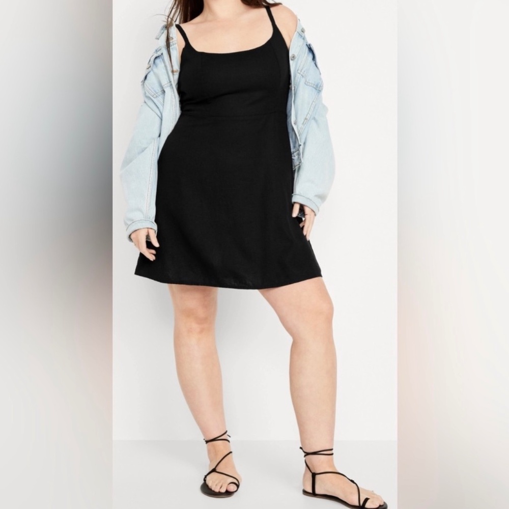 Old Navy Babydoll Y2K Sleeveless Linen-Blend Square Neck Black Mini Dress Size L